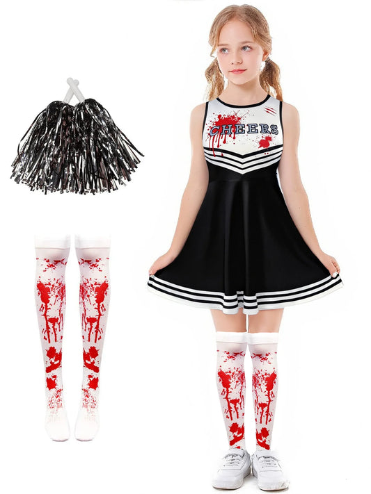 2025 Halloween Kids Costume – Scary Blood Cosplay Cheerleader Dress with Hand Flower Props for Girls