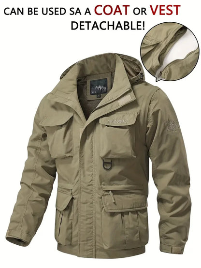 Men’s Detachable Hooded Windproof Jacket – Waterproof Multi-Pocket Outdoor Vest Coat
