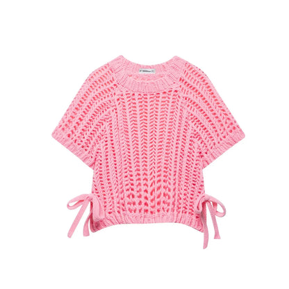 Women’s Hollow-Out Knit Pullover – Short Sleeve Lace-Up Bow Sweater