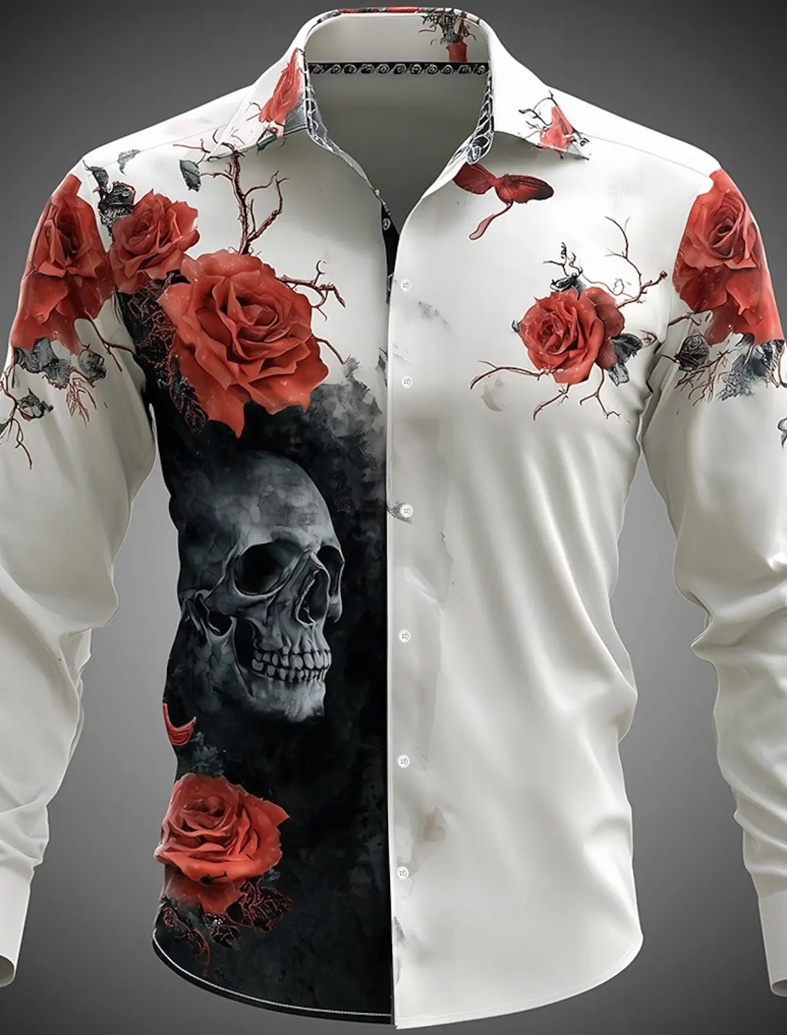 2025 Halloween Men’s Costume Shirt – Skull Print Button-Up Long Sleeve Casual Dress Shirt, Dark Gothic Style