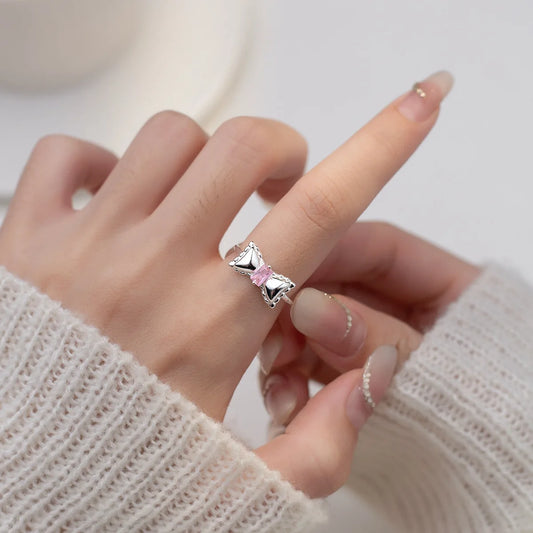 925 Sterling Silver Adjustable Bow Ring – Pink Zircon Wedding Jewelry for Women & Fashion Accessories