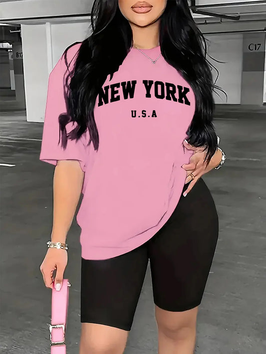 Women’s 2-Piece Sportswear Set – “New York” Letter Print T-Shirt & Athletic Shorts | Casual Activewear Outfit