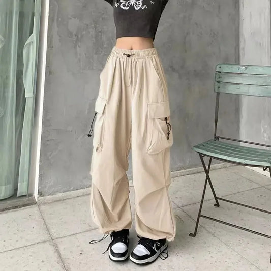 Women’s Y2K Streetwear Joggers – Low Waist Drawstring Tech Pants, Oversized Wide-Leg Baggy Sweatpants