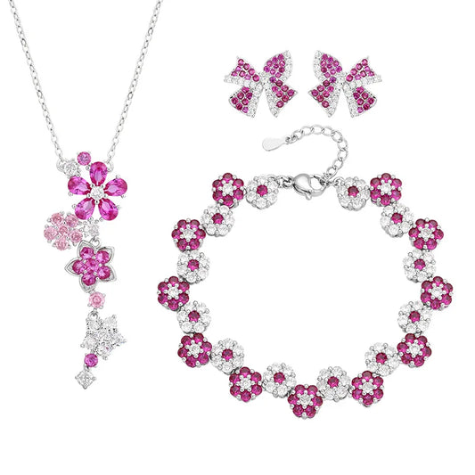 Red Zirconia Jewelry Set for Women – 925 Sterling Silver Wedding Bridal Earrings, Rings, Bracelet & Necklace