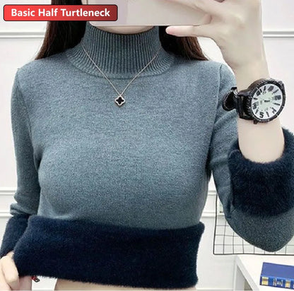 Women’s Turtleneck Knitted Sweater – Elegant Thick Velvet-Lined Warm Winter Pullover