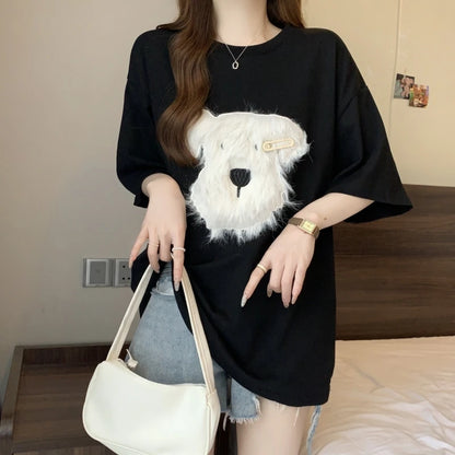 Cute 3D Plush Puppy Women’s T-Shirt – Summer Loose Cotton Half-Sleeve Top, Lazy Style Casual Tee