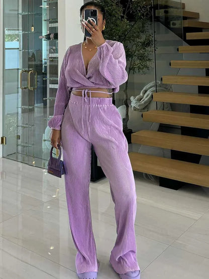 Women’s Casual 2-Piece Lounge Set – Draped Top & Elastic Wrap Pants | Fall Outfits Wholesale Dropshipping