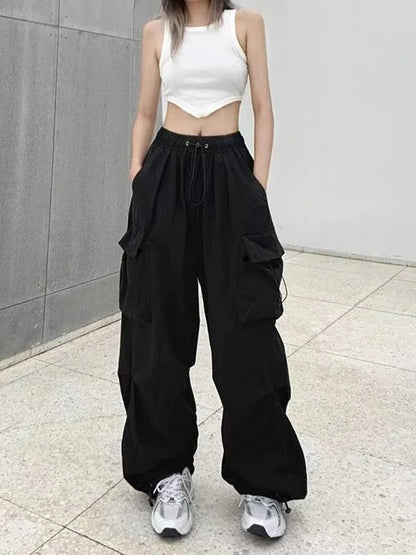Women’s Y2K Streetwear Joggers – Low Waist Drawstring Tech Pants, Oversized Wide-Leg Baggy Sweatpants