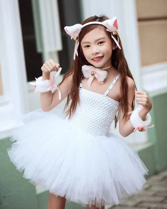 White Cat Tutu Dress for Girls – Carnival & Halloween Costume, Toddler Animal Cosplay Outfit for Birthday Party