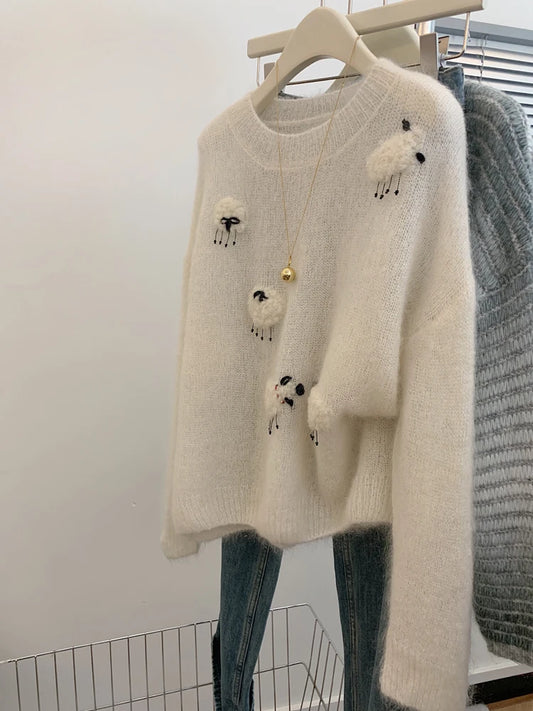 Women’s White Knit Sweater – Cute Animal Woolen Pullover | 2025 Autumn Winter Korean Fashion