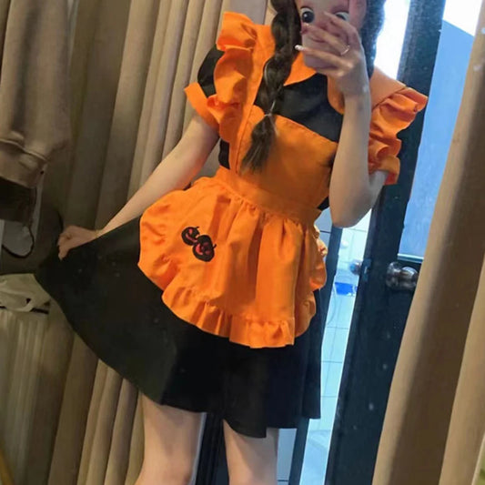 2025 Halloween Women’s Cosplay Costume – Anime Pumpkin Maid Embroidered Dress for Restaurant, Birthday & Party