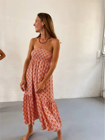 Women’s Boho Maxi Skirt – Vintage Floral Print Elastic Waist Beach Skirt for Spring & Summer