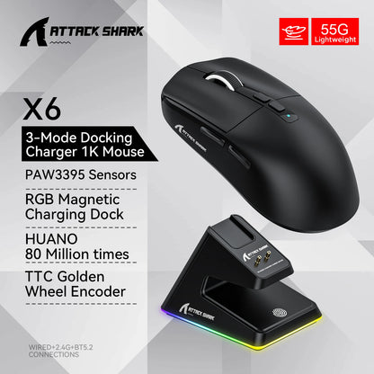 ATTACK SHARK X6 Wireless Gaming Mouse PAW3395 Sensor Tri-Mode Bluetooth RGB Magnetic Charging Base
