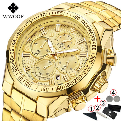 WWOOR Men’s Luxury Gold Chronograph Watch – Big Dial Waterproof Quartz Wristwatch
