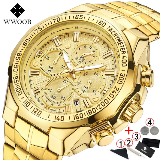 WWOOR Men’s Luxury Gold Chronograph Watch – Big Dial Waterproof Quartz Wristwatch