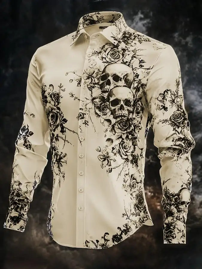 2025 Halloween Men’s Costume Shirt – Skull Print Button-Up Long Sleeve Casual Dress Shirt, Dark Gothic Style