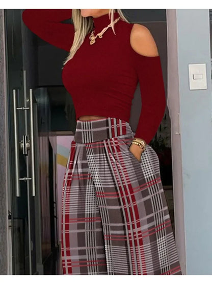 Casual Holiday Outfit for Women – Cold Shoulder Top & Plaid Wide Leg Pants Set | 2025 High Waist Two-Piece Suit