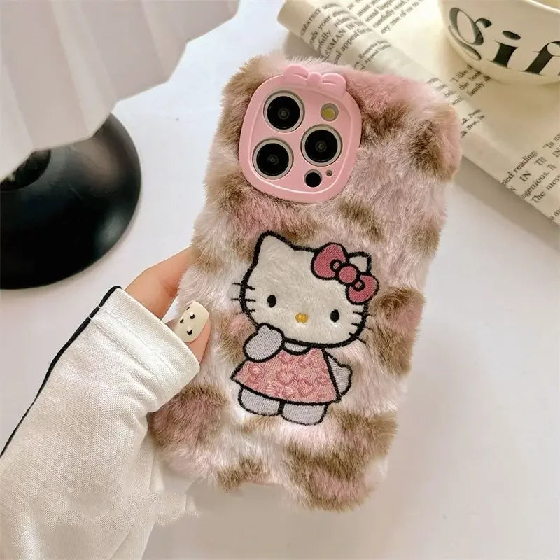 Y2k Hello Kitty Kawaii Plush Leopard Print Phone Case for Iphone 16 15 14 13 12 Pro Max Anime Autumn Winter Warm Soft Cover Gift
