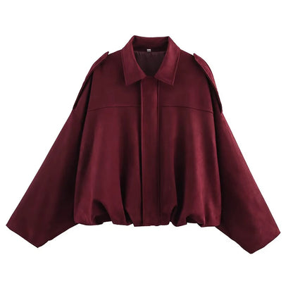 Women’s Bomber Jacket – Vintage Turn-Down Collar Loose Fashion Coat