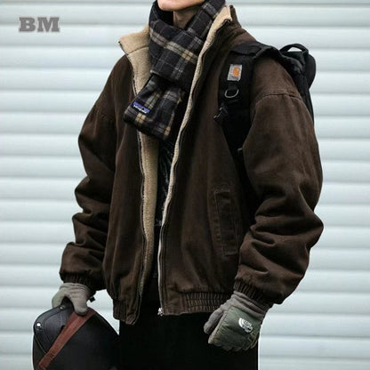 Men’s Vintage Polar Fleece Jacket – Japanese Korean Streetwear Thick Warm Winter Coat