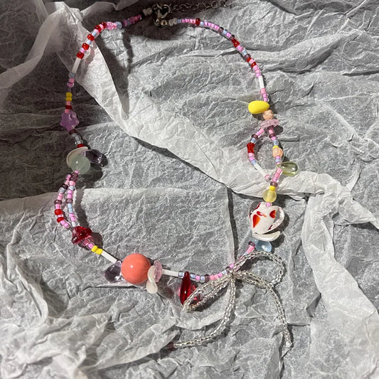 Harajuku Y2K Colorful Beaded Bow Pendant Necklace – Aesthetic Acrylic Jewelry for Women & Party Wear
