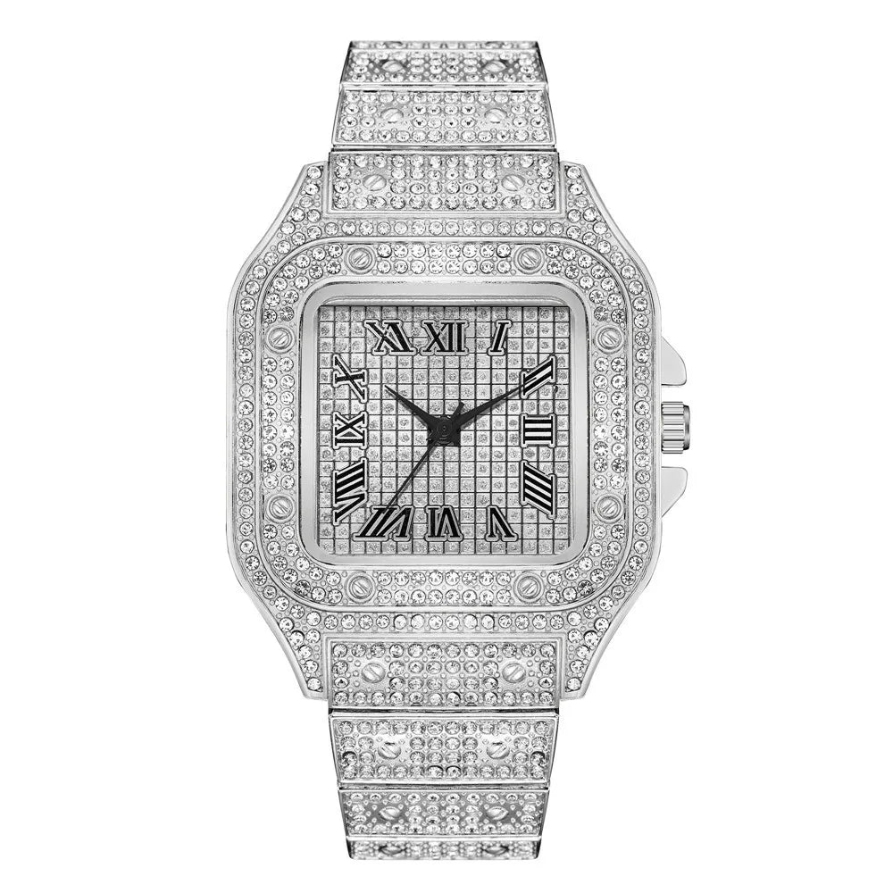 Classic Luxury Men’s Square Rhinestone Quartz Watch – Business Stainless Steel Roman Scale Wristwatch