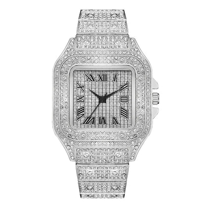 Classic Luxury Men’s Square Rhinestone Quartz Watch – Business Stainless Steel Roman Scale Wristwatch