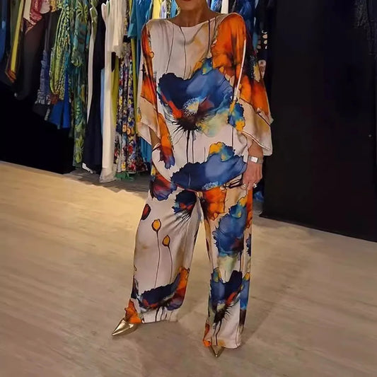 Women’s Satin Two-Piece Set – Summer Printed Round Neck Top & Wide-Leg Pants | Elegant Casual Fashion Outfit 2025
