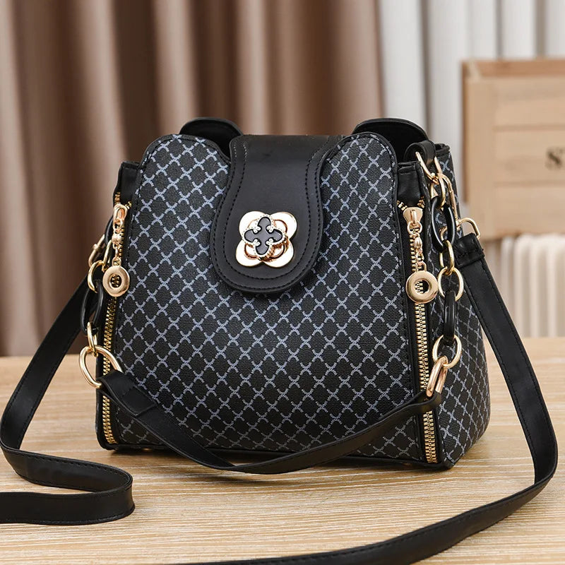 New women's handbag luxury design bucket shoulder crossbody bag flip over printed large capacity shoulder bag