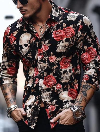 2025 Halloween Men’s Costume Shirt – Skull Print Button-Up Long Sleeve Casual Dress Shirt, Dark Gothic Style
