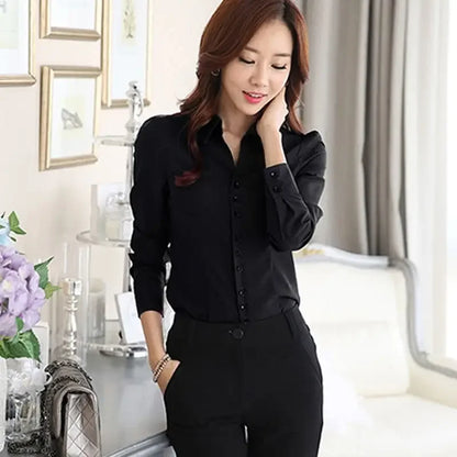 Women’s White Chiffon Blouse – Long Sleeve V-Neck Formal Shirt for Autumn