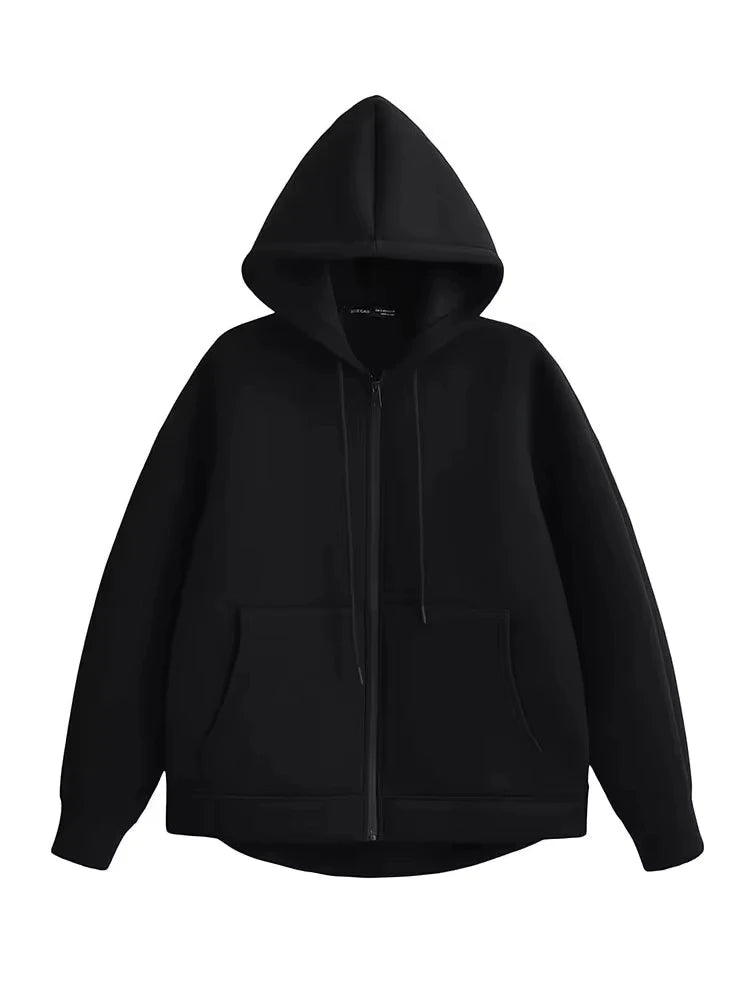 Women’s Oversized Zipper Hoodie – HH Winter High Street Loose Sweatshirt Coat with Double Pockets
