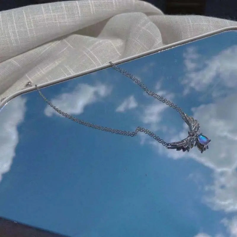 Light Luxury Angel Wings Moonstone Pendant Necklace for Women Wedding Jewelry