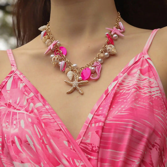 Bohemian Sea Star & Seahorse Pendant Necklace – Pearl Shell Seaside Resort Jewelry for Women