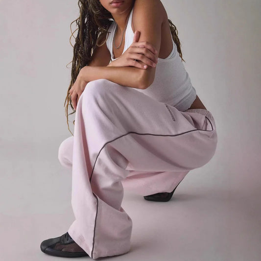 Women’s Pink Embroidered Casual Pants – Loose Straight-Leg Trousers with Elastic Waist | 2025 New Fashion