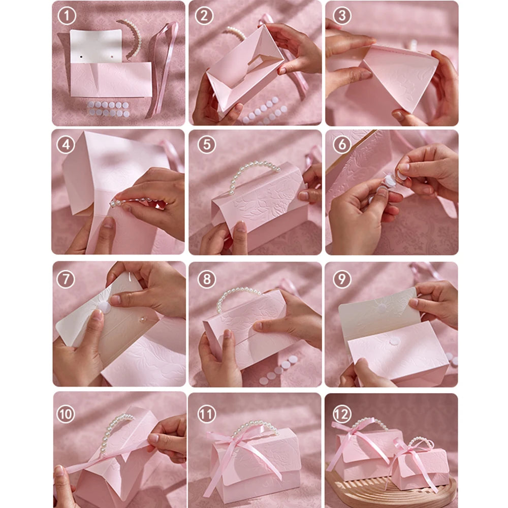 10Pcs Pink Paper Gift Boxes – 3D Flower Design with Pearl Handle for Party & Holiday Gift Packaging