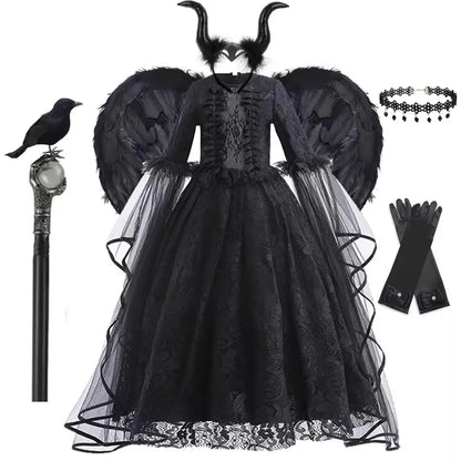 2025 Halloween Kids Evil Witch Costume – Maleficent-Inspired Black Tulle Dress for Fantasy Party & Cosplay