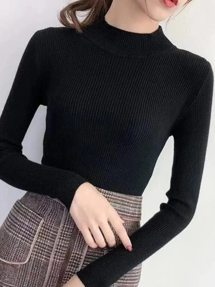 Autumn Winter Women’s Mock Neck Slim Knit Sweater