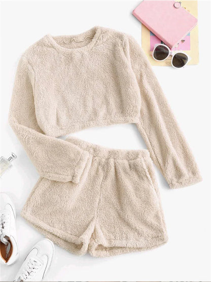 Women’s Pink Plush 2-Piece Tracksuit – Round Neck Sweatshirt & Shorts Set | Casual Home & Lounge Wear