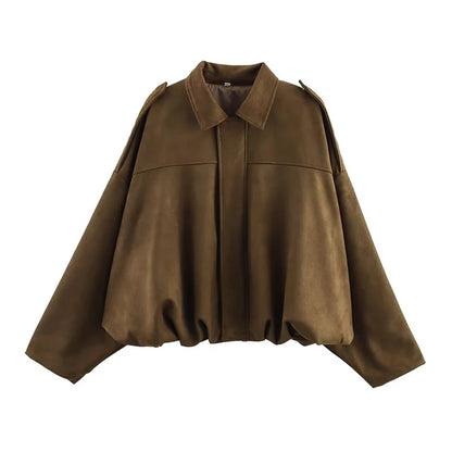 Women’s Bomber Jacket – Vintage Turn-Down Collar Loose Fashion Coat