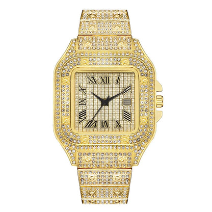 Classic Luxury Men’s Square Rhinestone Quartz Watch – Business Stainless Steel Roman Scale Wristwatch