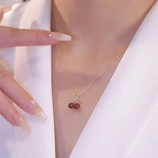 Wine Red Cherry Pendant Necklace for Women Fashion Golden Chain Fruit Jewelry Gift