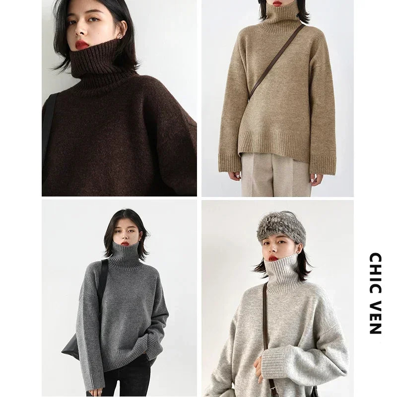 Women’s Loose Turtleneck Sweater – CHIC VEN Korean Style Warm Knit Pullover