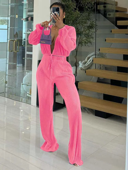 Women’s Casual 2-Piece Lounge Set – Draped Top & Elastic Wrap Pants | Fall Outfits Wholesale Dropshipping