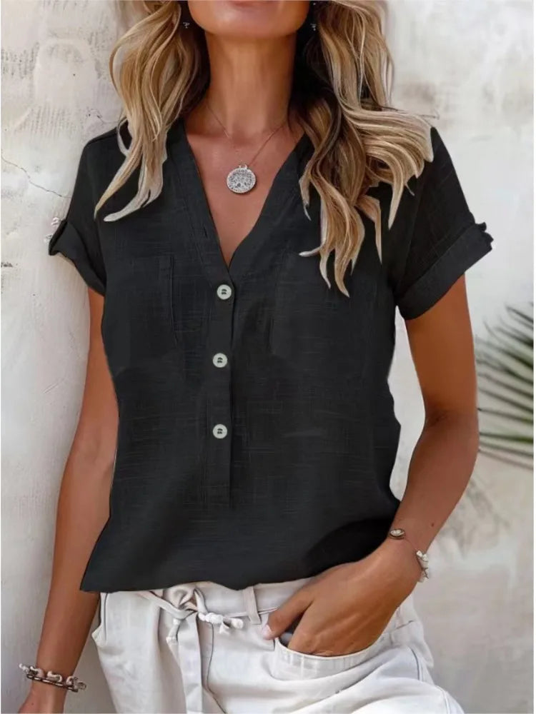 Women’s Casual V-Neck Shirt – Solid Short Sleeve Button Pullover Top | Summer Office Fashion Blouse