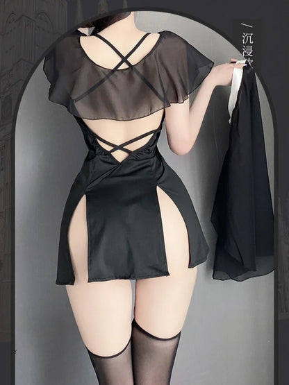 Women’s Halloween Nun Cosplay Costume – Gothic Style Mini Dress with Headpiece