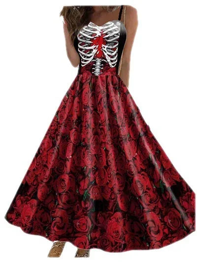 2025 Halloween Women’s Skull Print Halter Dress – Sleeveless Tunic Vintage Party Dress, Gothic Masquerade Vestido