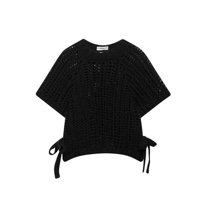 Women’s Hollow-Out Knit Pullover – Short Sleeve Lace-Up Bow Sweater