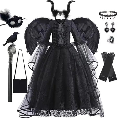 2025 Halloween Kids Evil Witch Costume – Maleficent-Inspired Black Tulle Dress for Fantasy Party & Cosplay