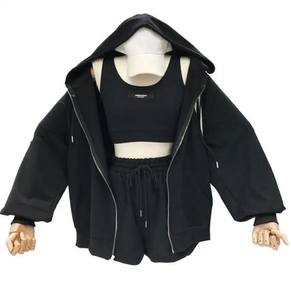 Women’s 3-Piece Casual Activewear Set – Hoodie, Drawstring Shorts & Vest | Sportswear & Lounge Outfit